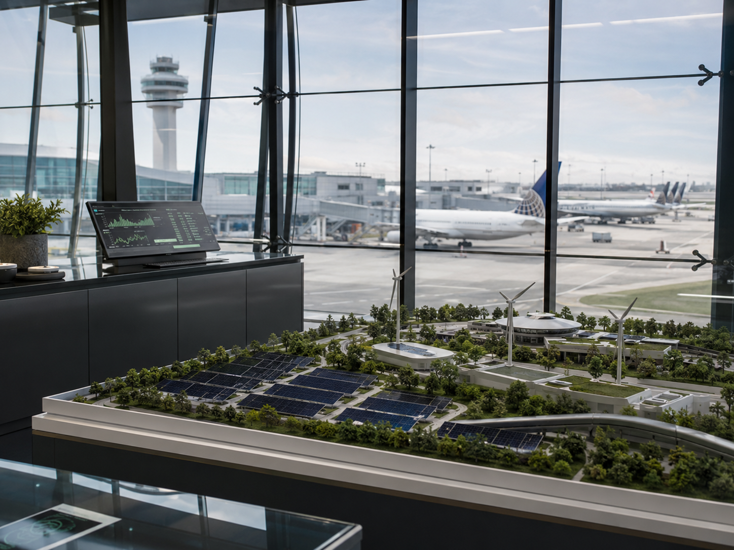 Infraestrutura aeroportuária com soluções sustentáveis e monitoramento de dados.