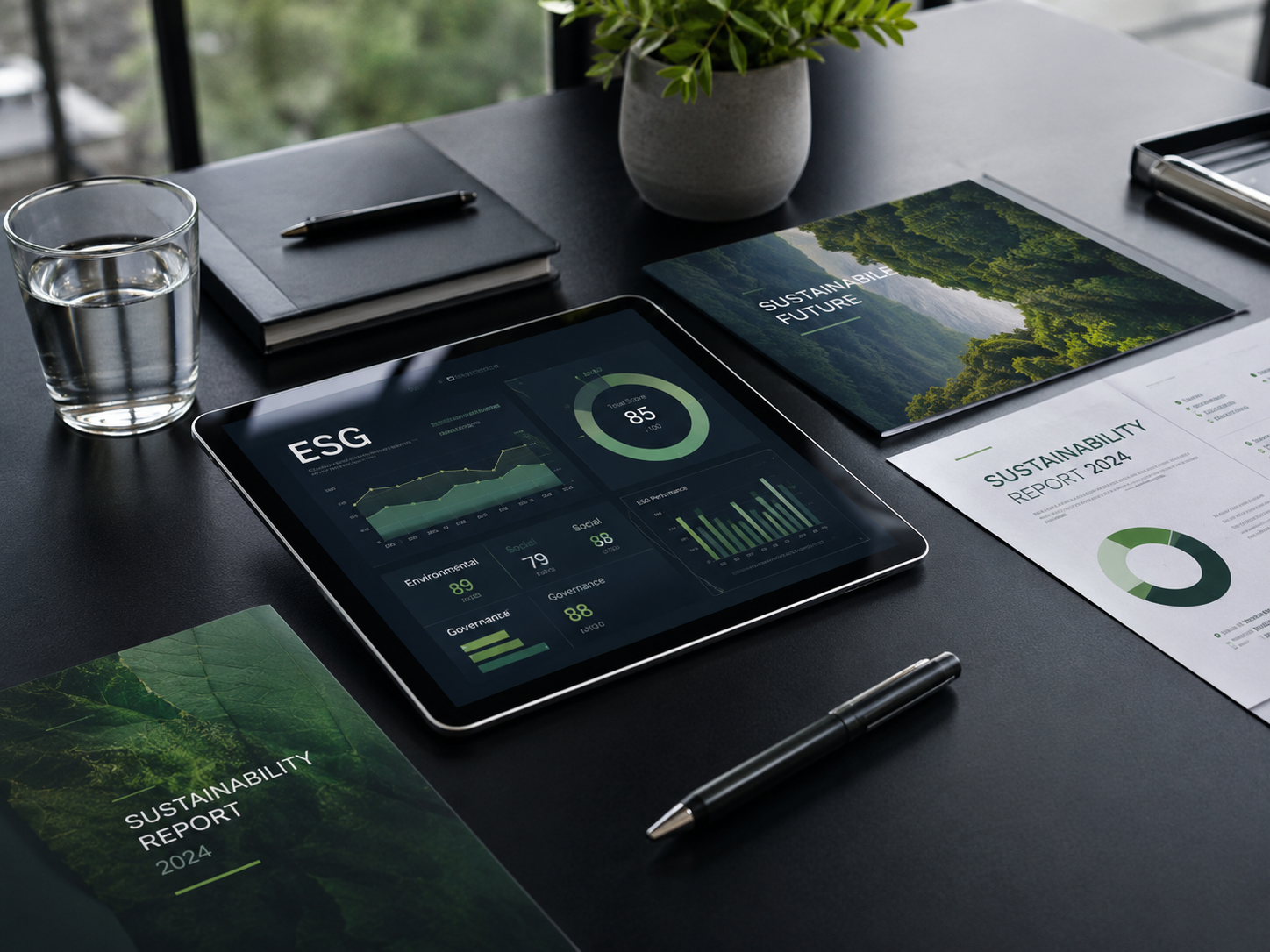 Mesa corporativa com relatórios, tablet e indicadores ESG.