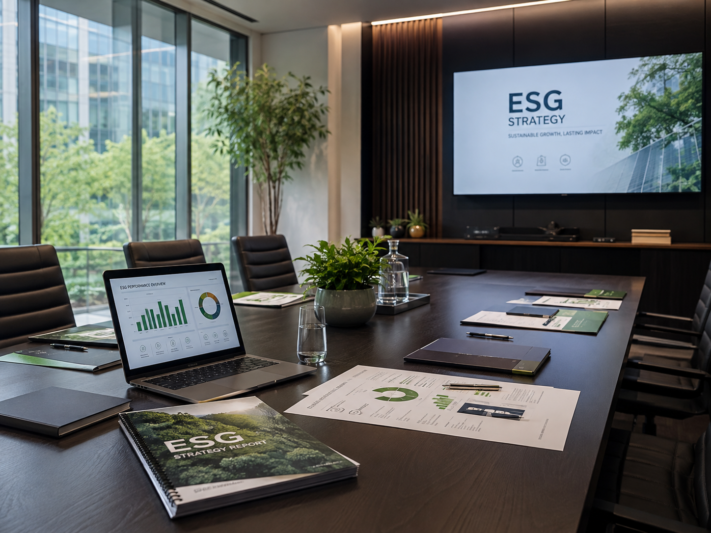 Reunião estratégica com equipe analisando relatórios e gráficos ESG.